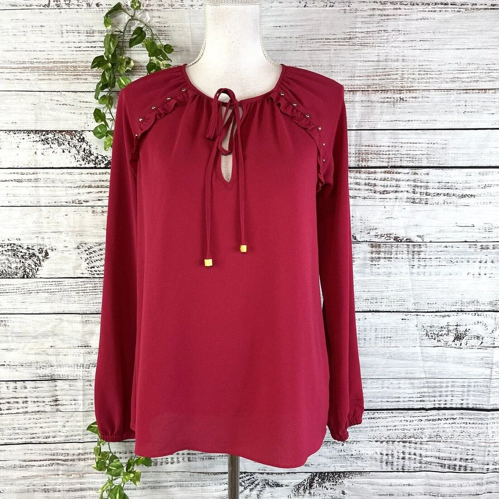 Michael Kors Tunic Blouse size Extra Small Dark Pink Crepe Ruffles Studs Bow Tie